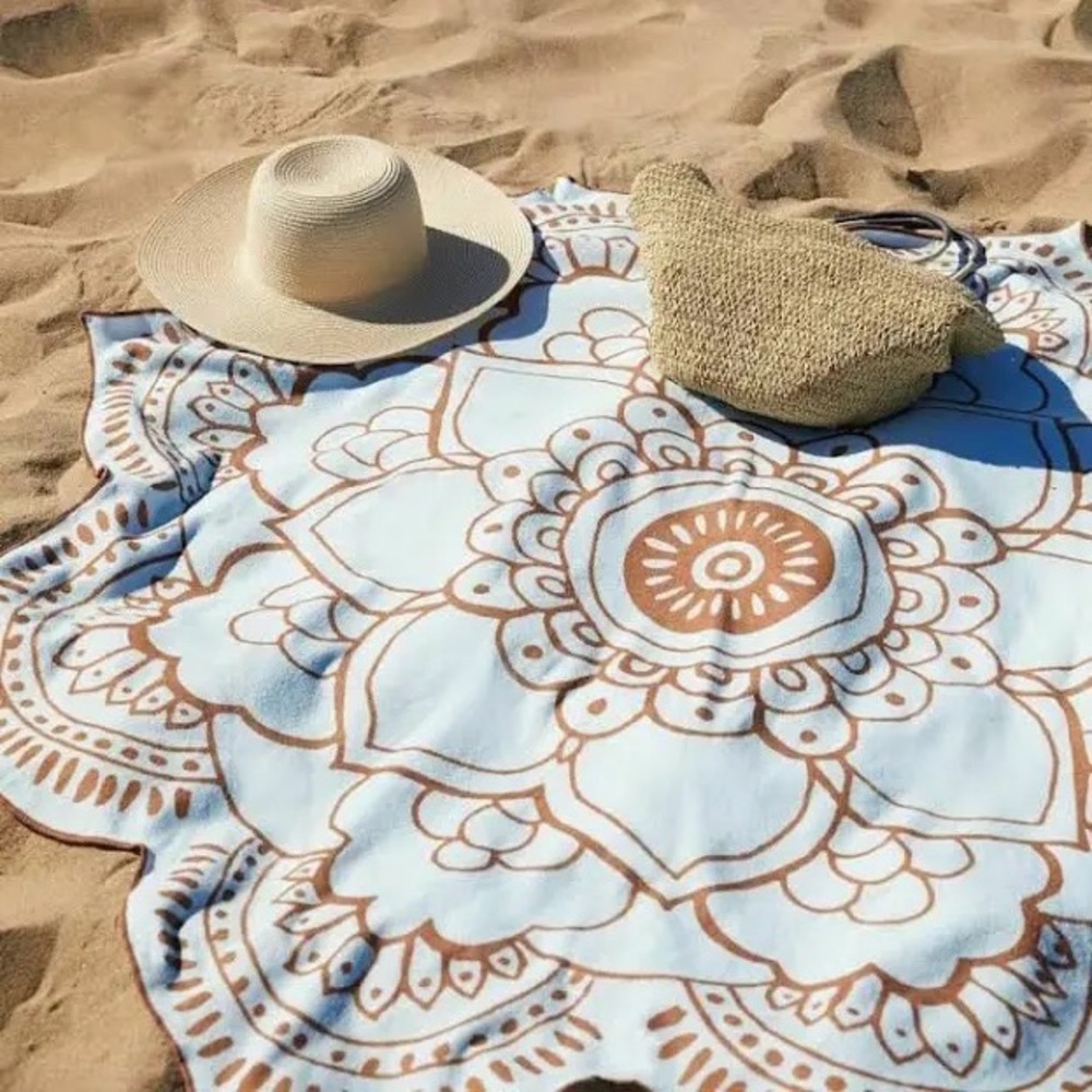 Vix Paula Hermanny Blue Brown Lotus Flower Beach Towel about 52” diameter